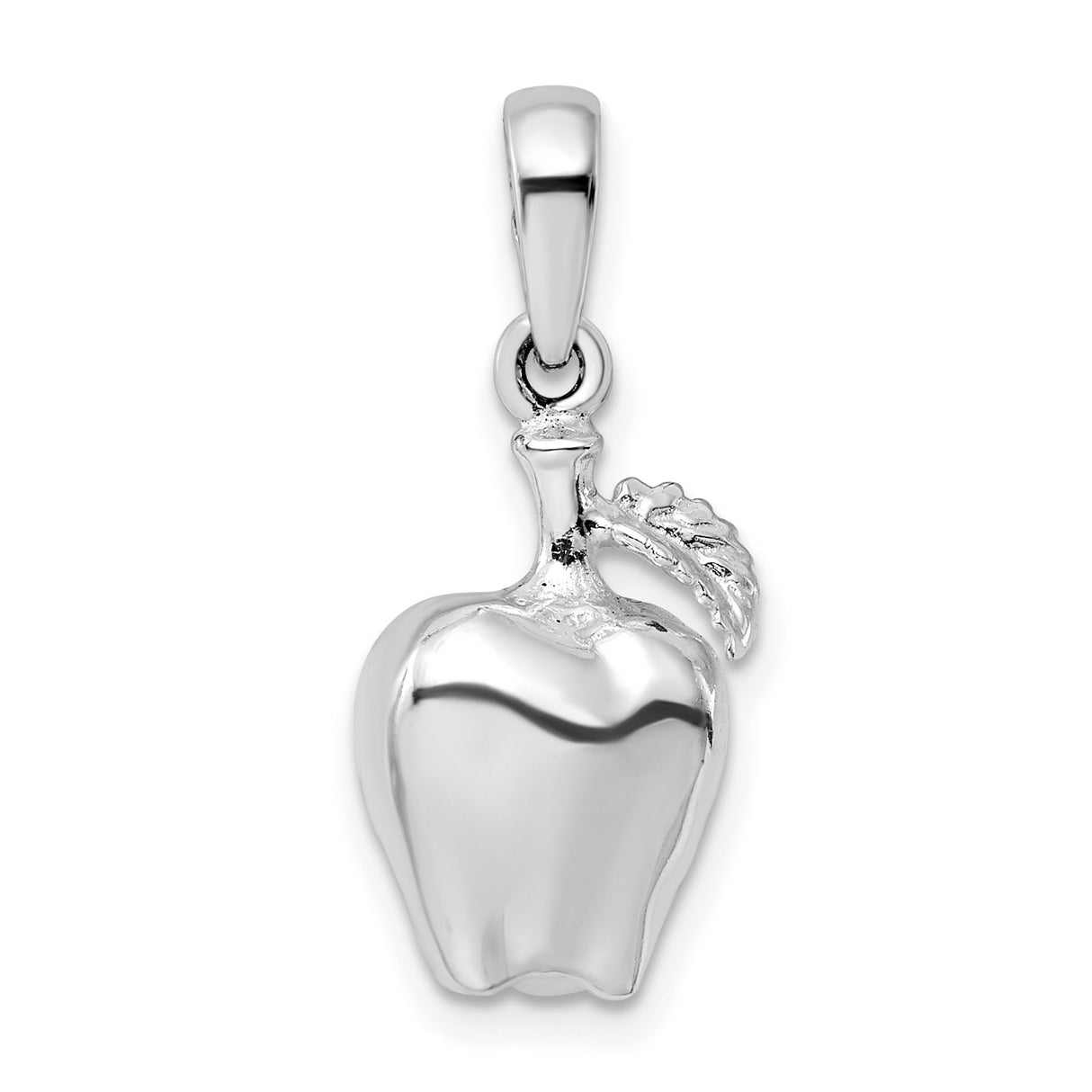 Sterling Silver Apple Pendant with Detailed Leaf, Three-Dimensional Fruit Charm Design
