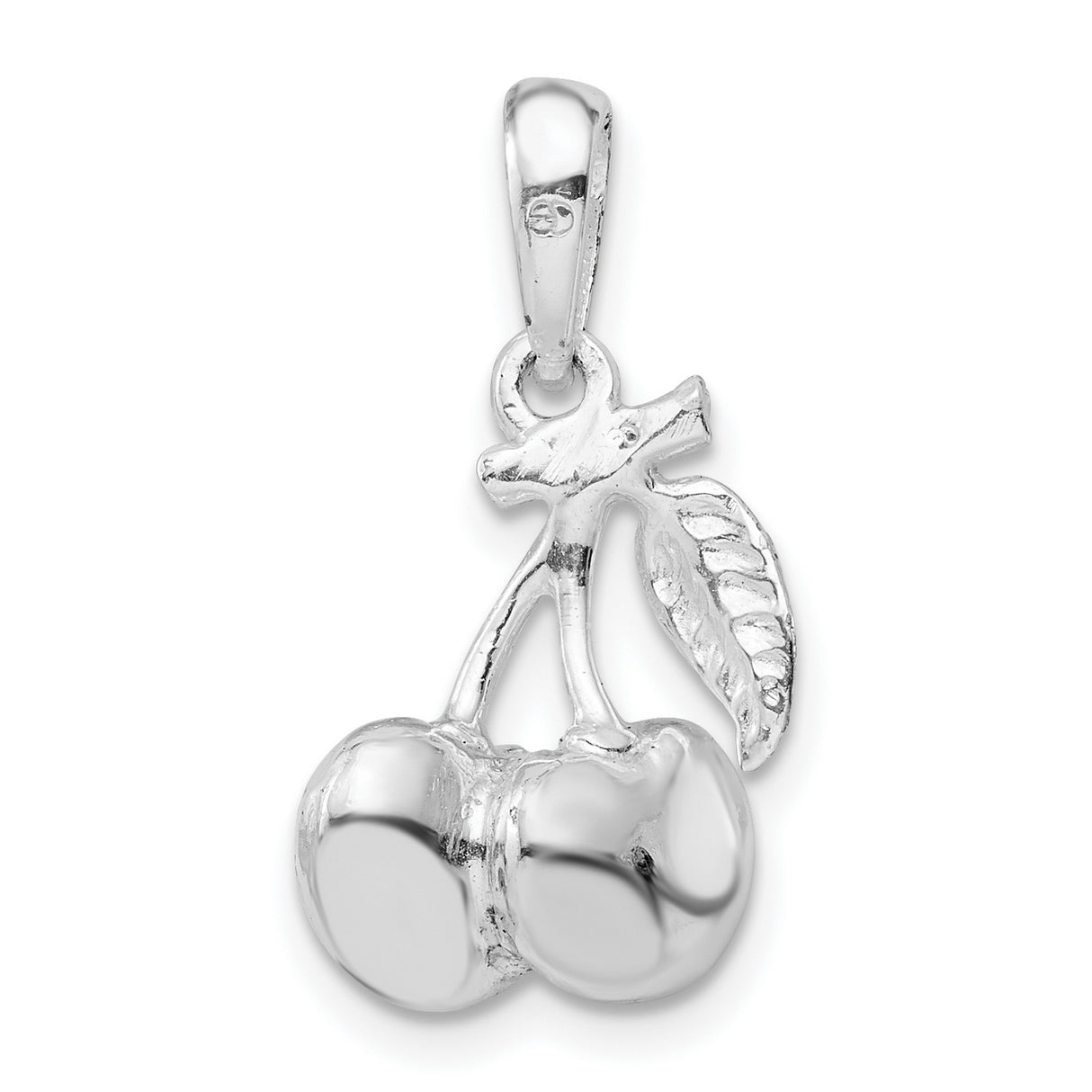 Sterling Silver Cherry Pendant with Detailed Leaf and Stem Design for Women or Teens