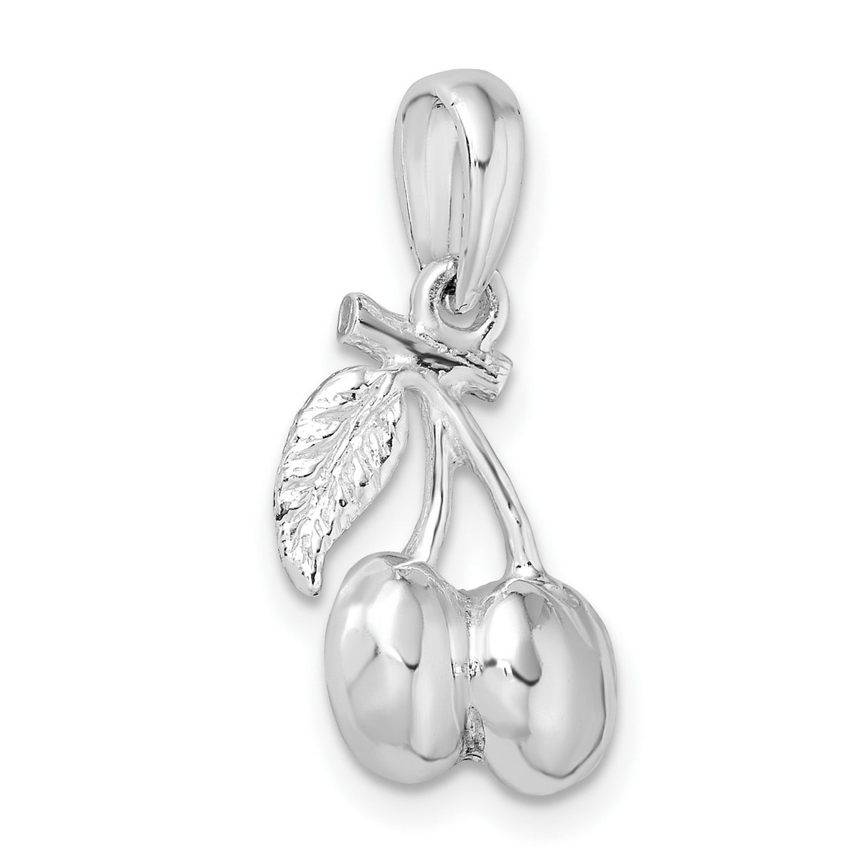 Sterling Silver Cherry Pendant with Detailed Leaf and Stem Design for Women or Teens