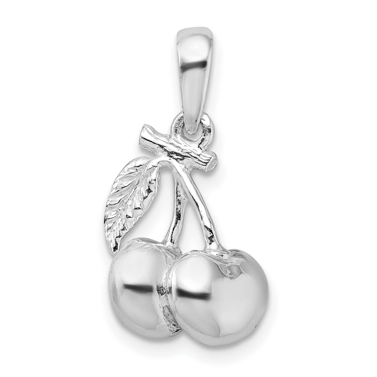 Sterling Silver Cherry Pendant with Detailed Leaf and Stem Design for Women or Teens