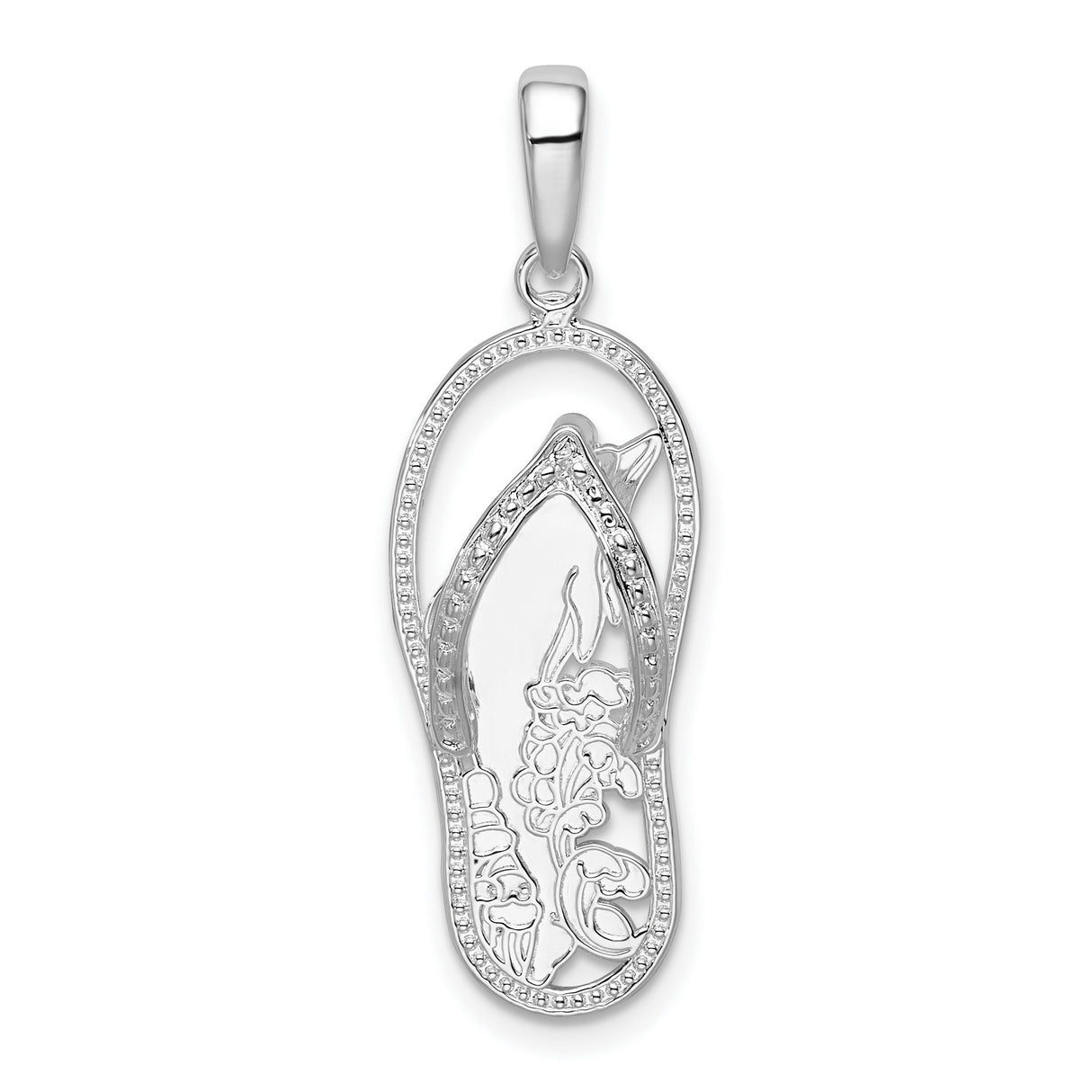 Sterling Silver Flip-Flop Pendant with Seashell and Floral Cutout Design
