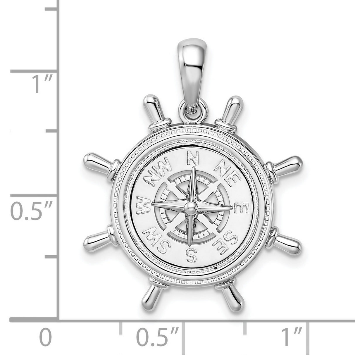 Sterling Silver Compass Pendant with Ship Wheel Design and Directional Markings