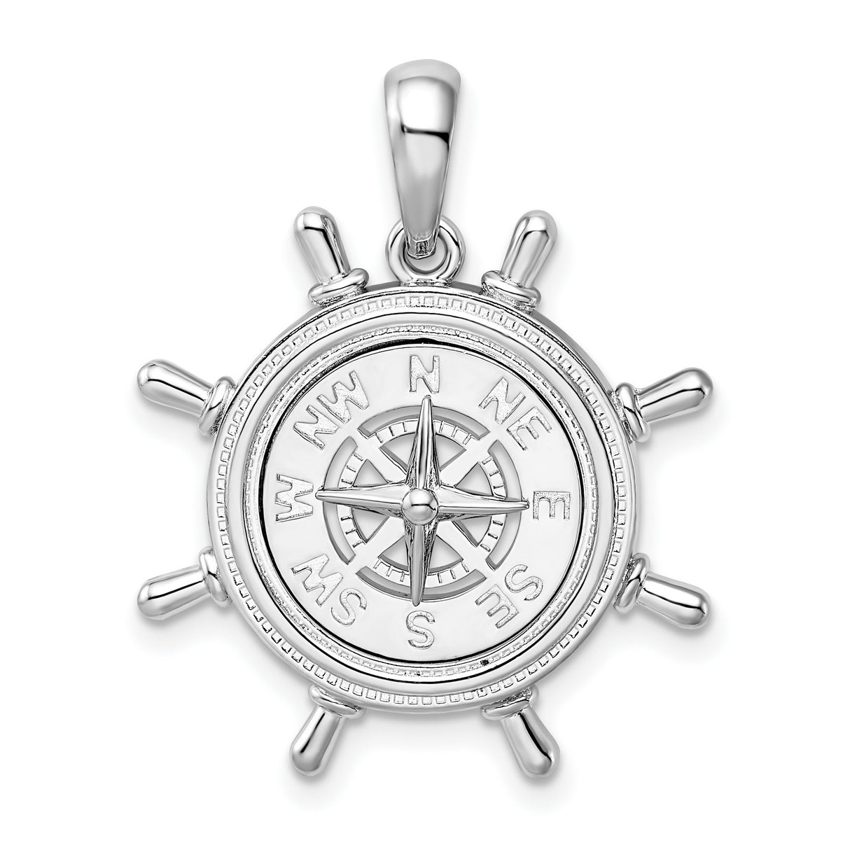 Sterling Silver Compass Pendant with Ship Wheel Design and Directional Markings
