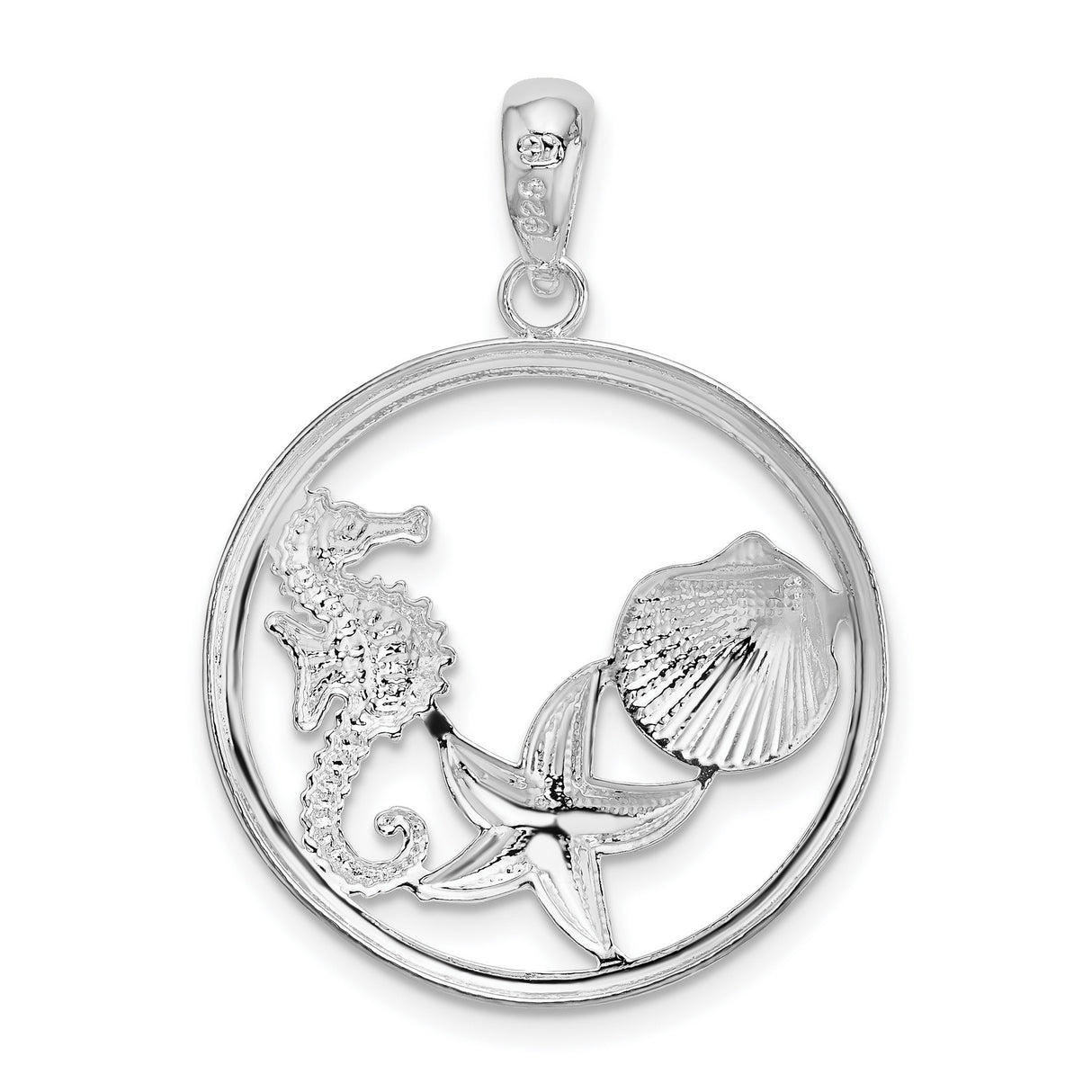 Sterling Silver Pendant with Seahorse, Starfish, and Scallop Shell in Nautical Open Circle Design