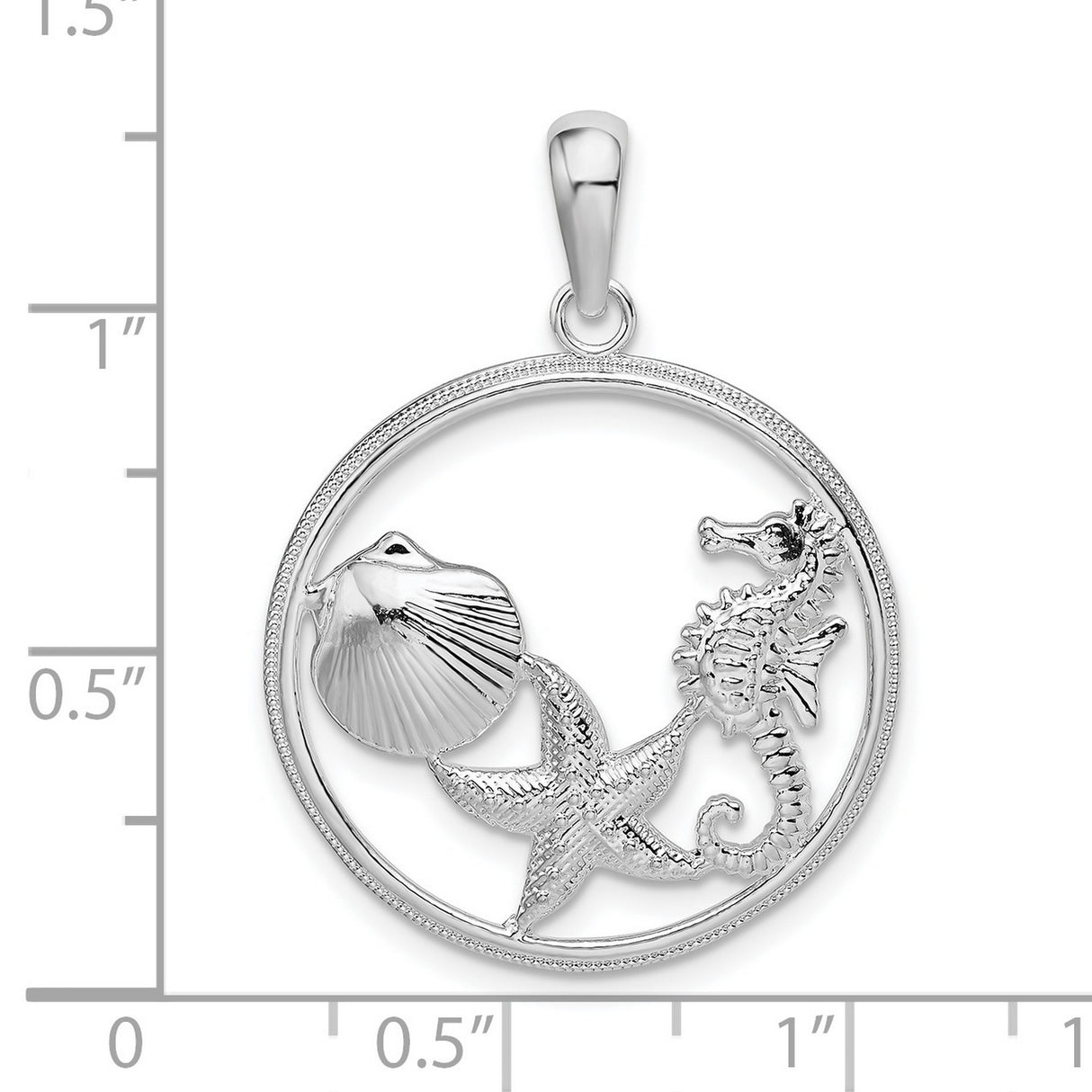 Sterling Silver Pendant with Seahorse, Starfish, and Scallop Shell in Nautical Open Circle Design