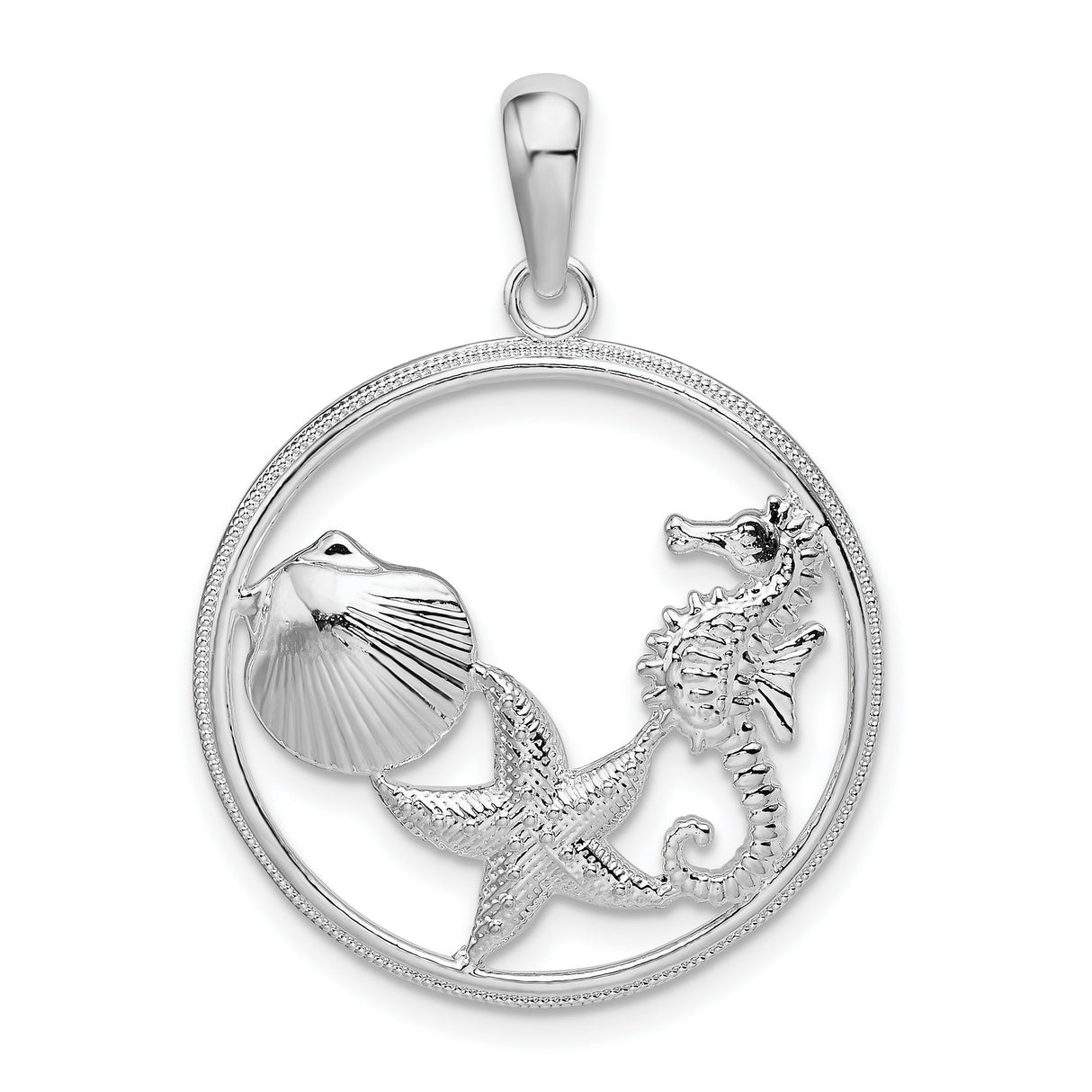 Sterling Silver Pendant with Seahorse, Starfish, and Scallop Shell in Nautical Open Circle Design