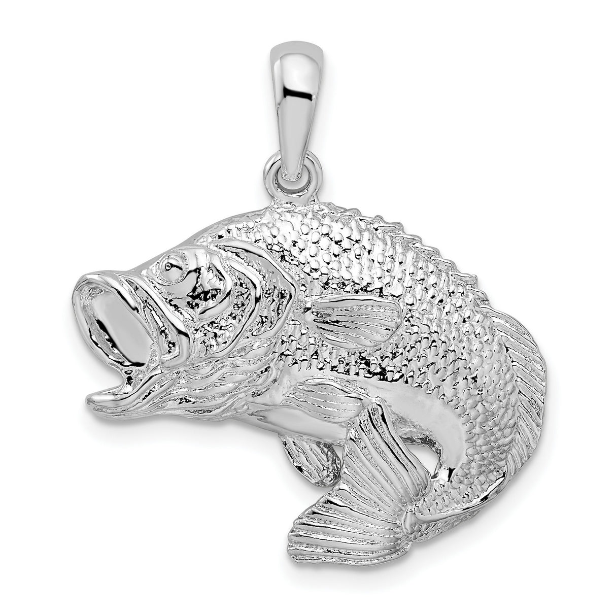 Sterling Silver Largemouth Bass Fish Pendant with Detailed Scales and Open Mouth Design for Men