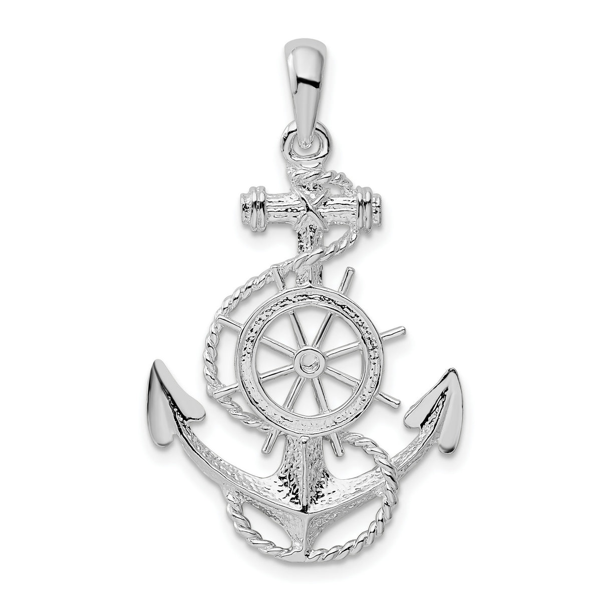 Sterling Silver Anchor Pendant with Ship Wheel and Rope Design, Nautical Coastal Theme