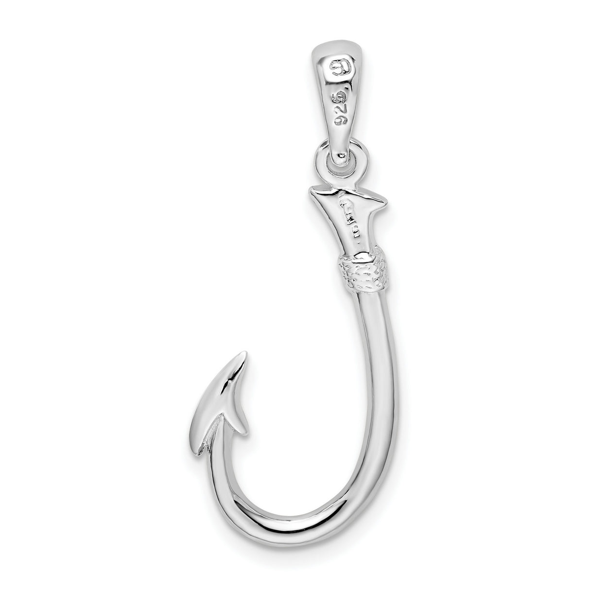 Sterling Silver Fish Hook Pendant, 3D Polished Ocean Charm, Nautical Design for Men and Women
