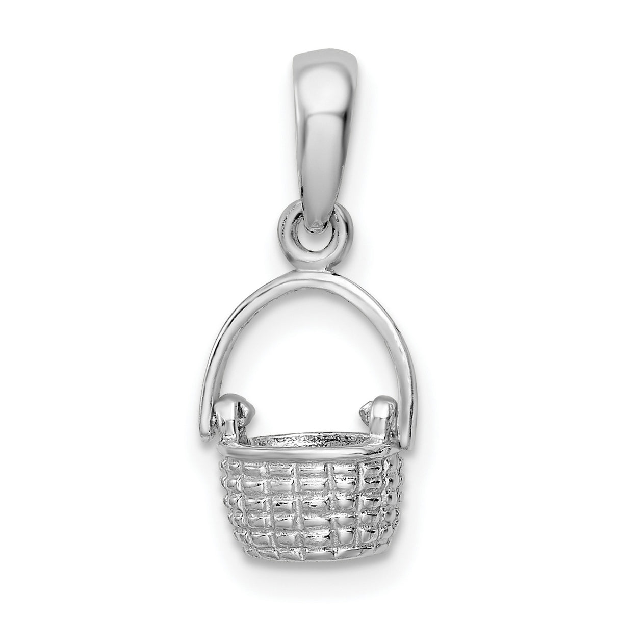 Sterling Silver Basket Pendant Charm with Woven Design and Handle, Rustic Farmhouse Style