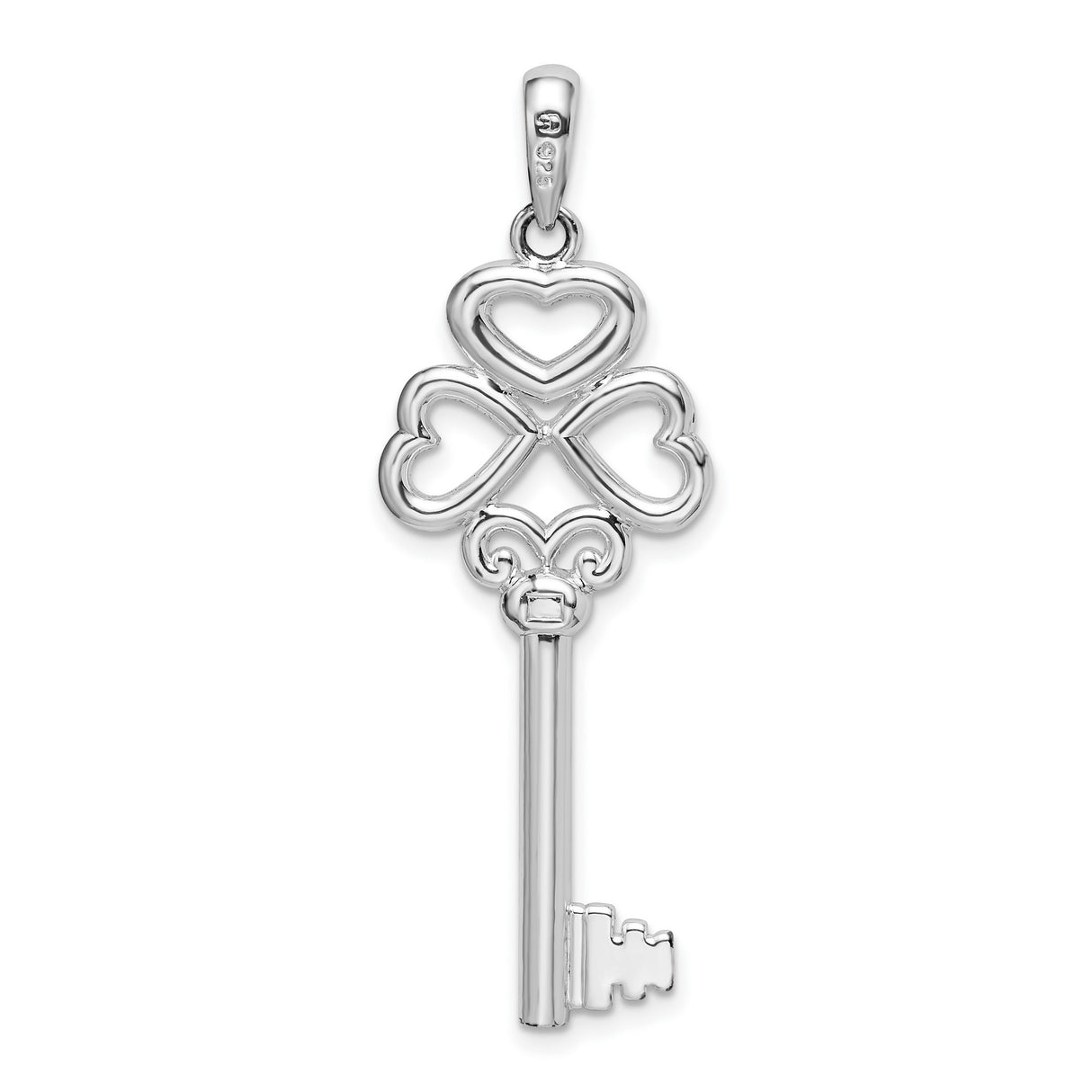 Sterling Silver Key Pendant with Heart Design and Delicate Engravings for Women