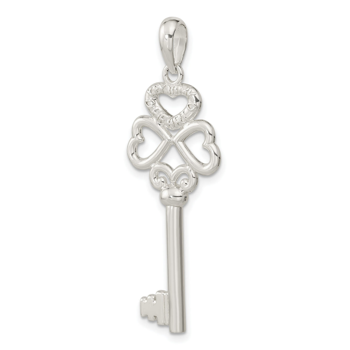 Sterling Silver Key Pendant with Heart Design and Delicate Engravings for Women