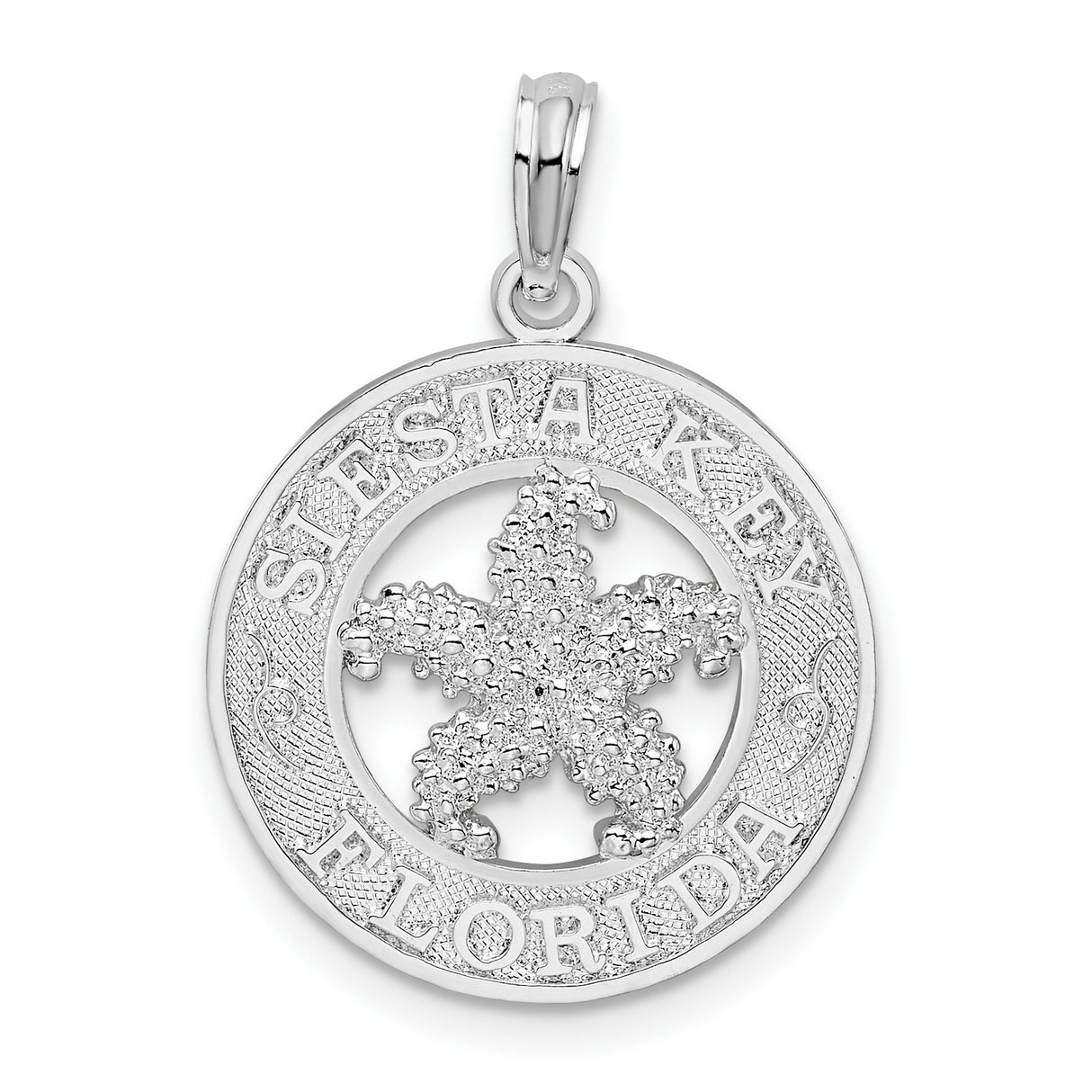 Sterling Silver Pendant with Siesta Key Florida Text and Textured Starfish Design