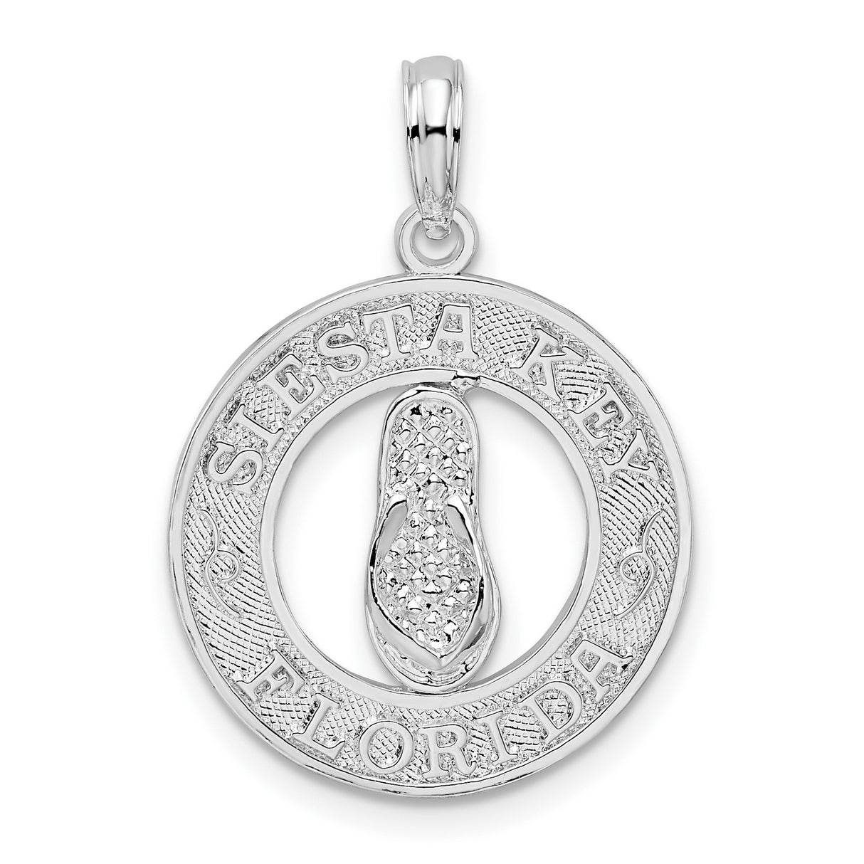 Sterling Silver Flip-Flop Circle Pendant with Siesta Key Florida Engraving, Coastal Souvenir Charm