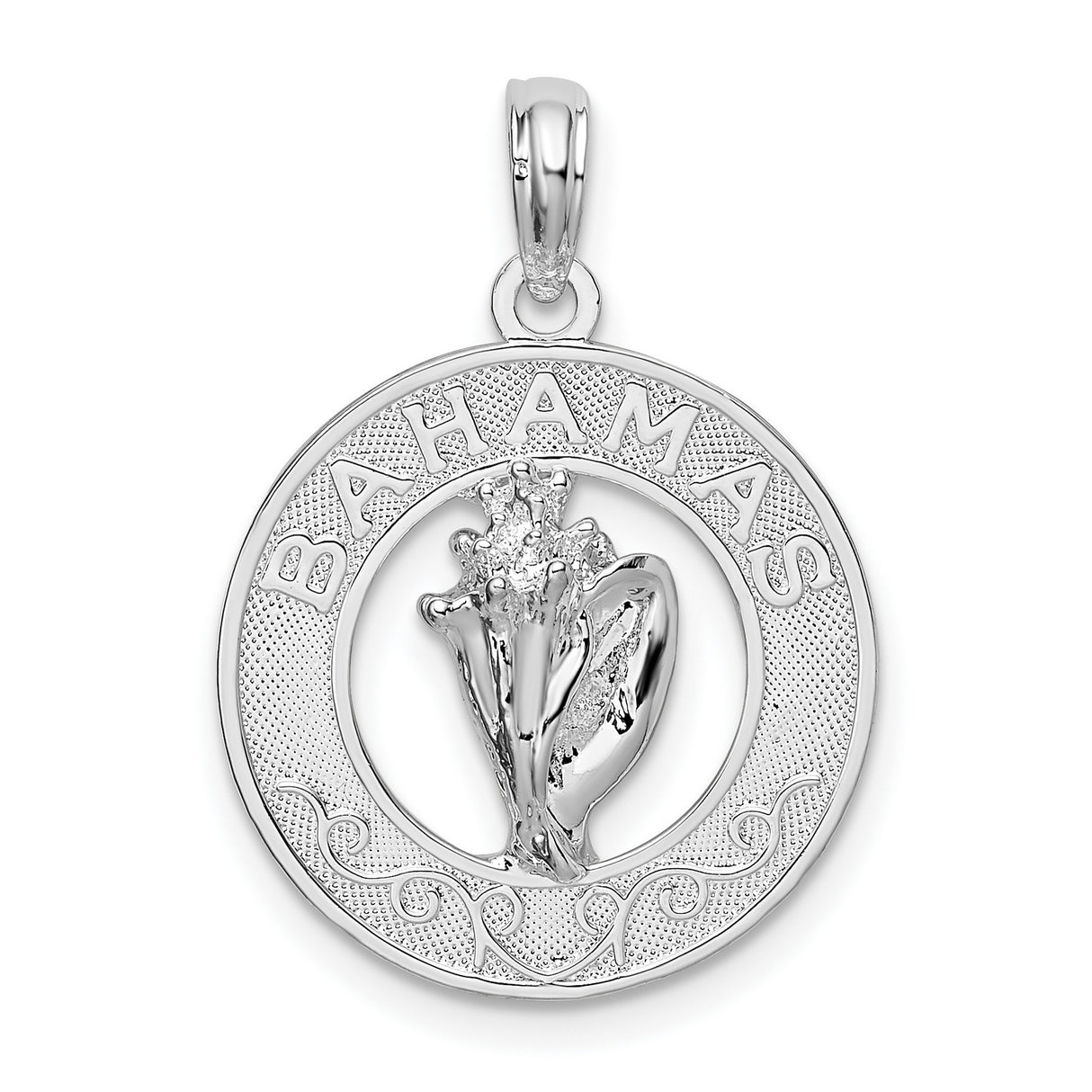 Sterling Silver Bahamas Pendant with Detailed Conch Shell Design, Tropical Island Souvenir Charm