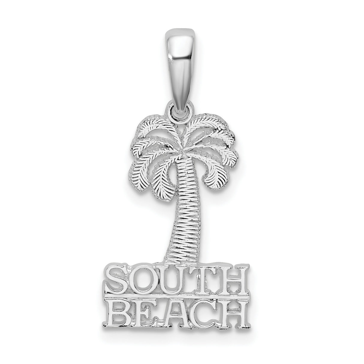 Sterling Silver Palm Tree Pendant with South Beach Engraving, Tropical Beach Charm