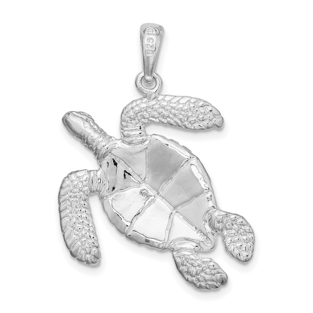 Sterling Silver Sea Turtle Pendant with Textured Shell Detail and Flipper Design for Women or Unisex Wear