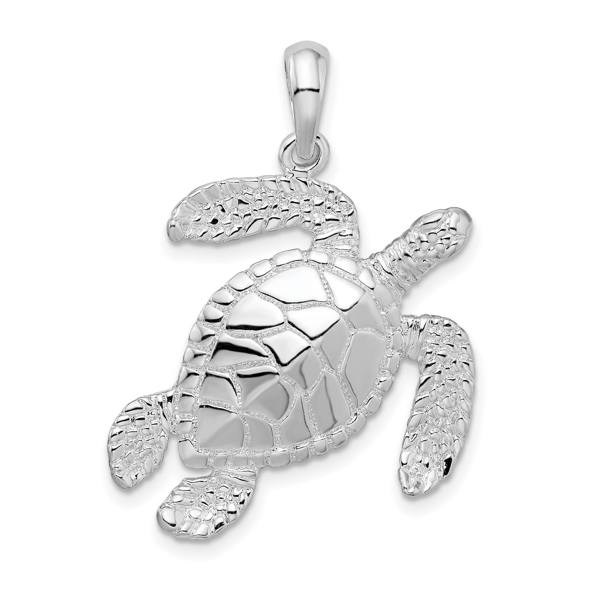 Sterling Silver Sea Turtle Pendant with Textured Shell Detail and Flipper Design for Women or Unisex Wear