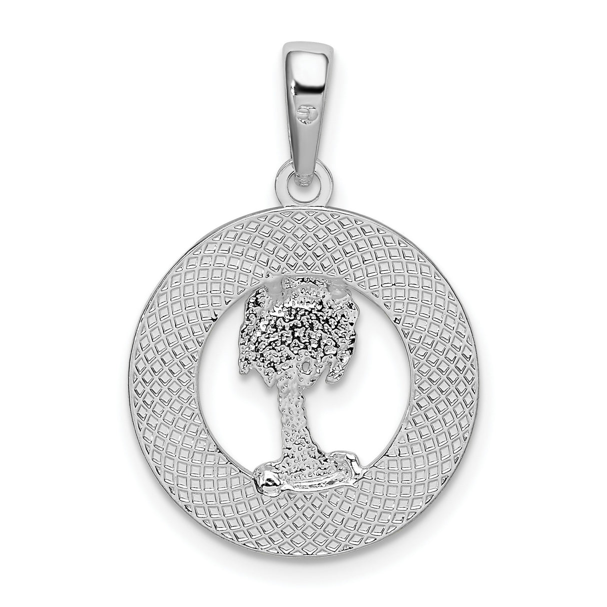 Sterling Silver Palm Tree Pendant, Textured Circle Tropical Island Vacation Charm