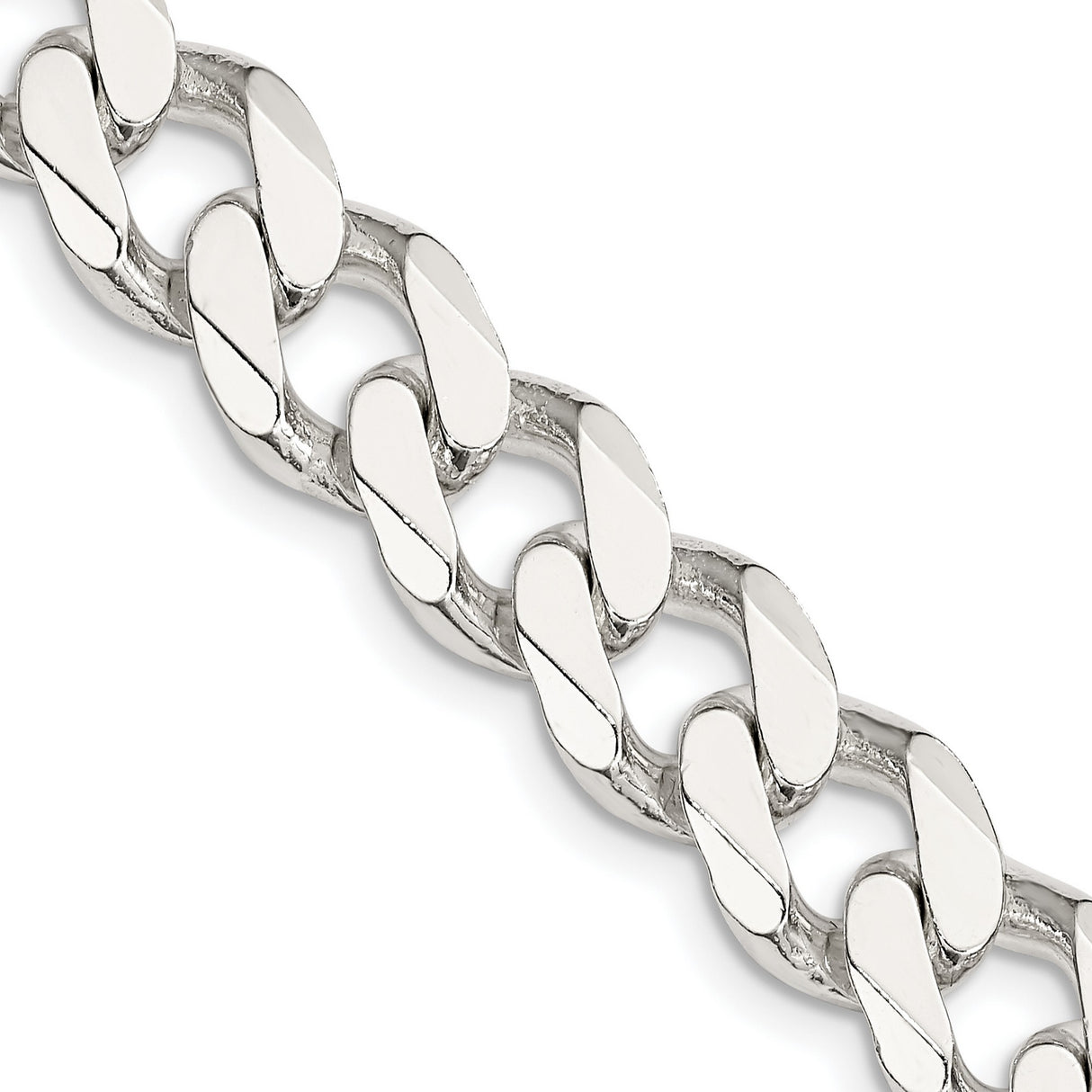 925 White Gold 11 mm Curb Chain Necklace, Polished detail view