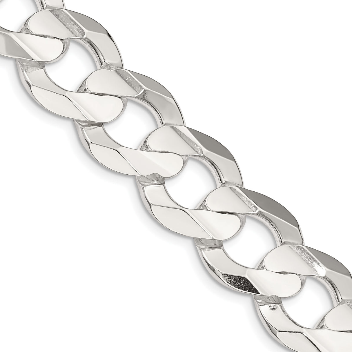 925 White Gold 15.75 mm Curb Chain Necklace, Polished detail view