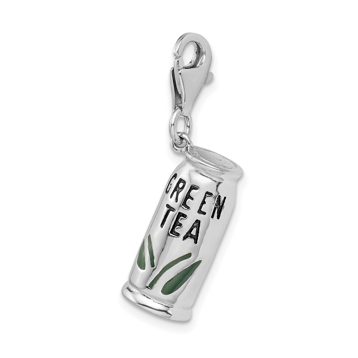 Sterling Silver Green Tea Charm Pendant with Enamel Leaf Accents, Unisex Jewelry