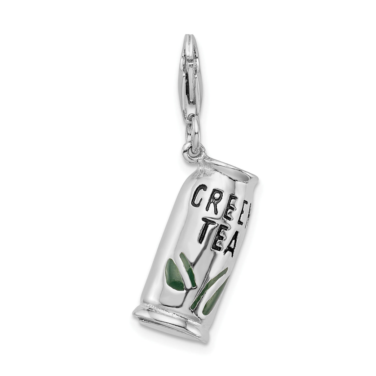 Sterling Silver Green Tea Charm Pendant with Enamel Leaf Accents, Unisex Jewelry