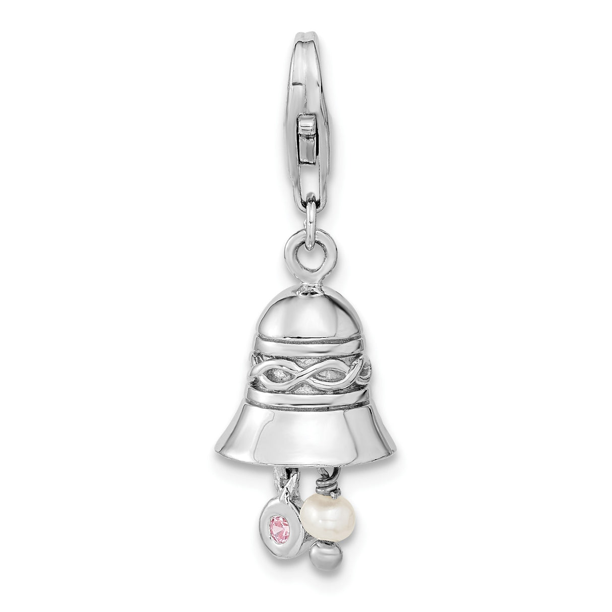 Sterling Silver Bell Charm Pendant with Cubic Zirconia, Pearl, and Infinity Knot Design