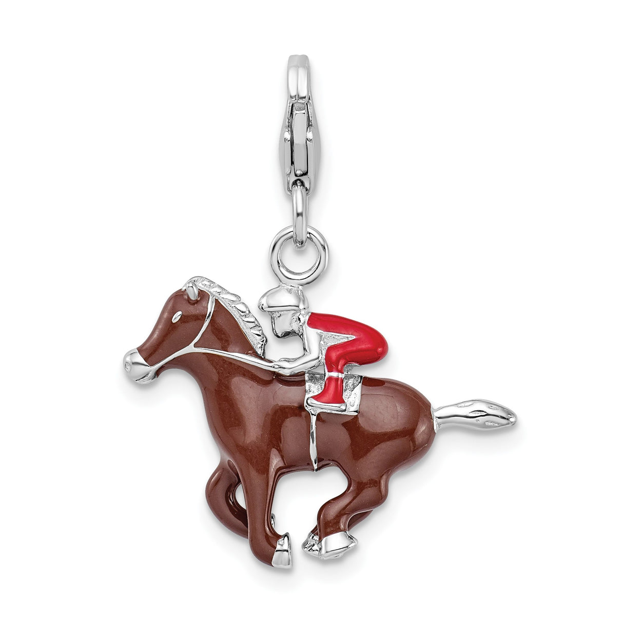 Sterling Silver Charm Pendant with Enamel Jockey on Horseback, Horse Racing Theme