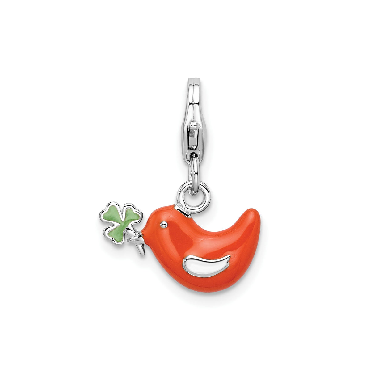 Sterling Silver Bird with Green Four-Leaf Clover Pendant, Red Enamel Lucky Charm
