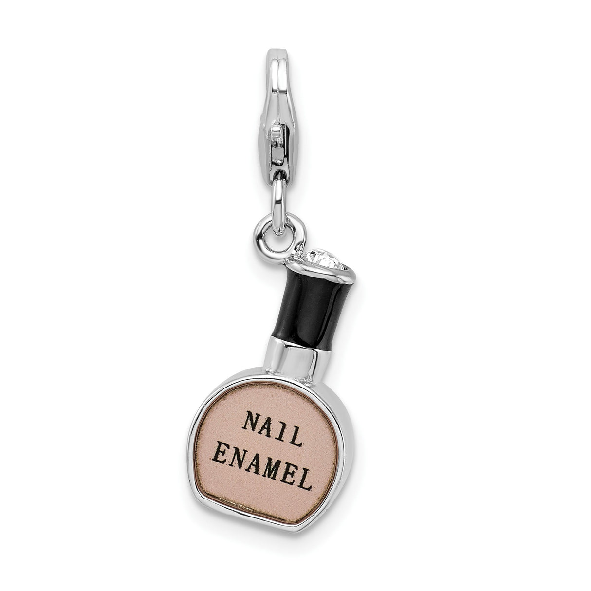Sterling Silver Nail Enamel Bottle Charm with Pink and Black Enamel, Lobster Clasp Dangle