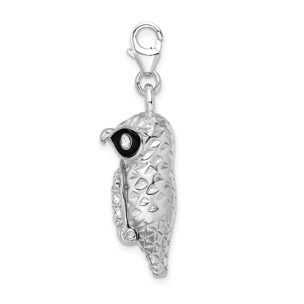 Sterling Silver Owl Pendant with Black Enamel Eyes and Clear Crystal Accents