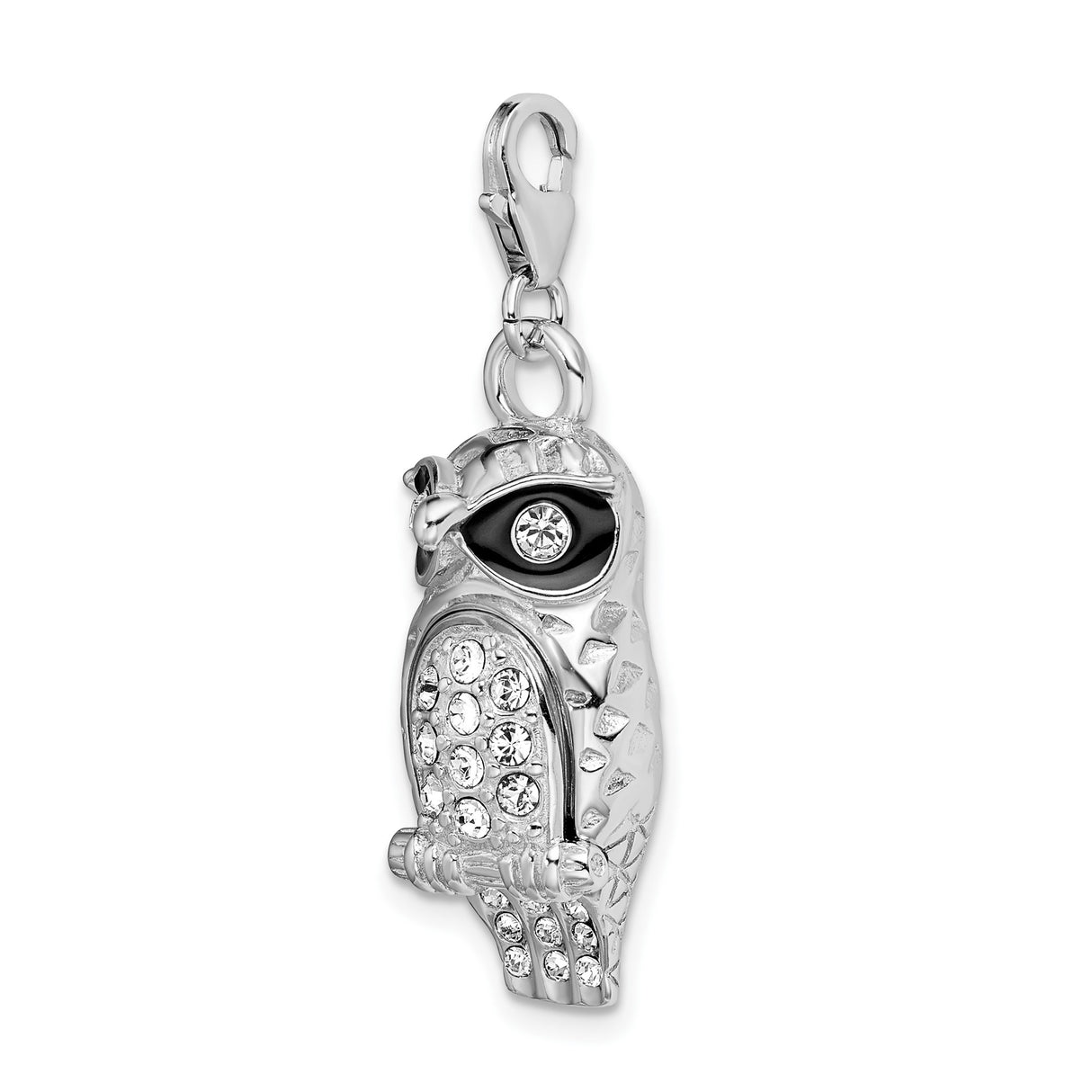 Sterling Silver Owl Pendant with Black Enamel Eyes and Clear Crystal Accents
