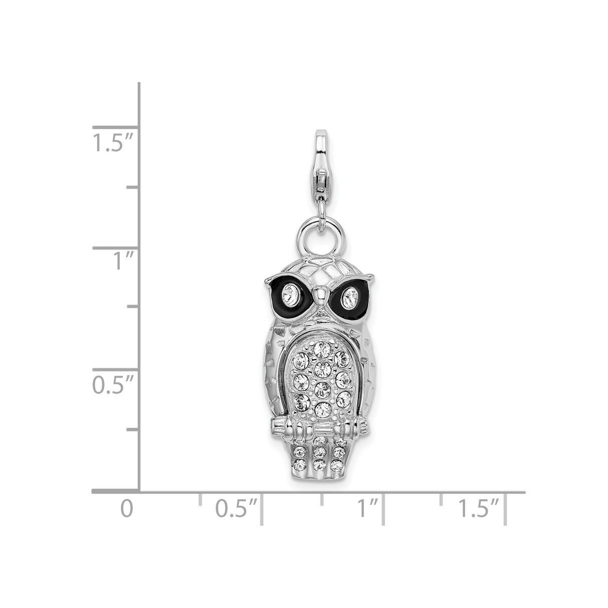 Sterling Silver Owl Pendant with Black Enamel Eyes and Clear Crystal Accents