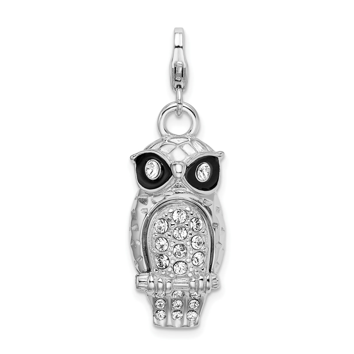 Sterling Silver Owl Pendant with Black Enamel Eyes and Clear Crystal Accents
