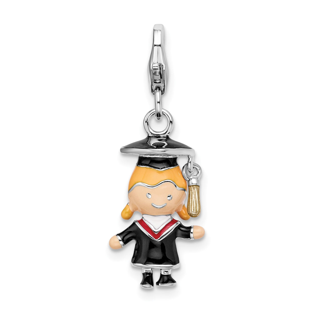 Sterling Silver Graduation Girl Charm Pendant with Cap, Gown, and Diploma Accent