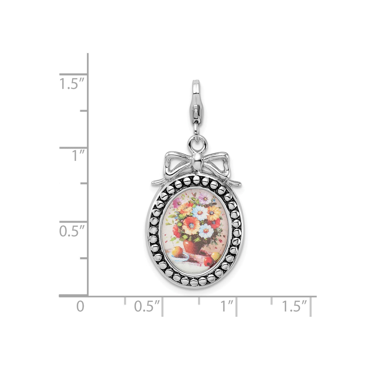 Sterling Silver Charm Pendant with Oval Floral Still-Life, Beaded Frame and Bow Accent