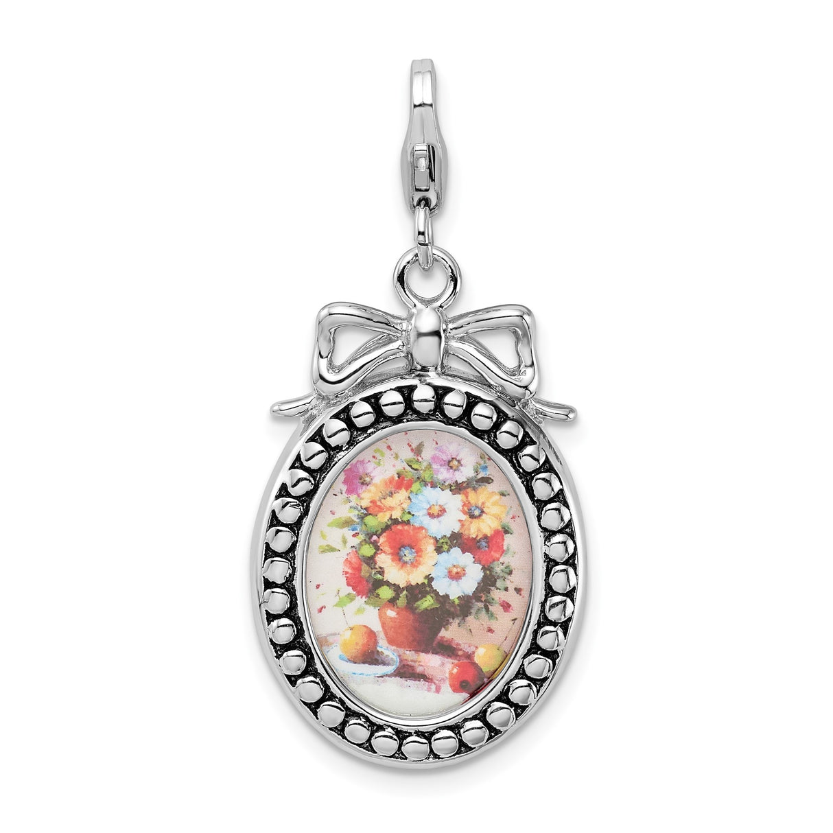 Sterling Silver Charm Pendant with Oval Floral Still-Life, Beaded Frame and Bow Accent