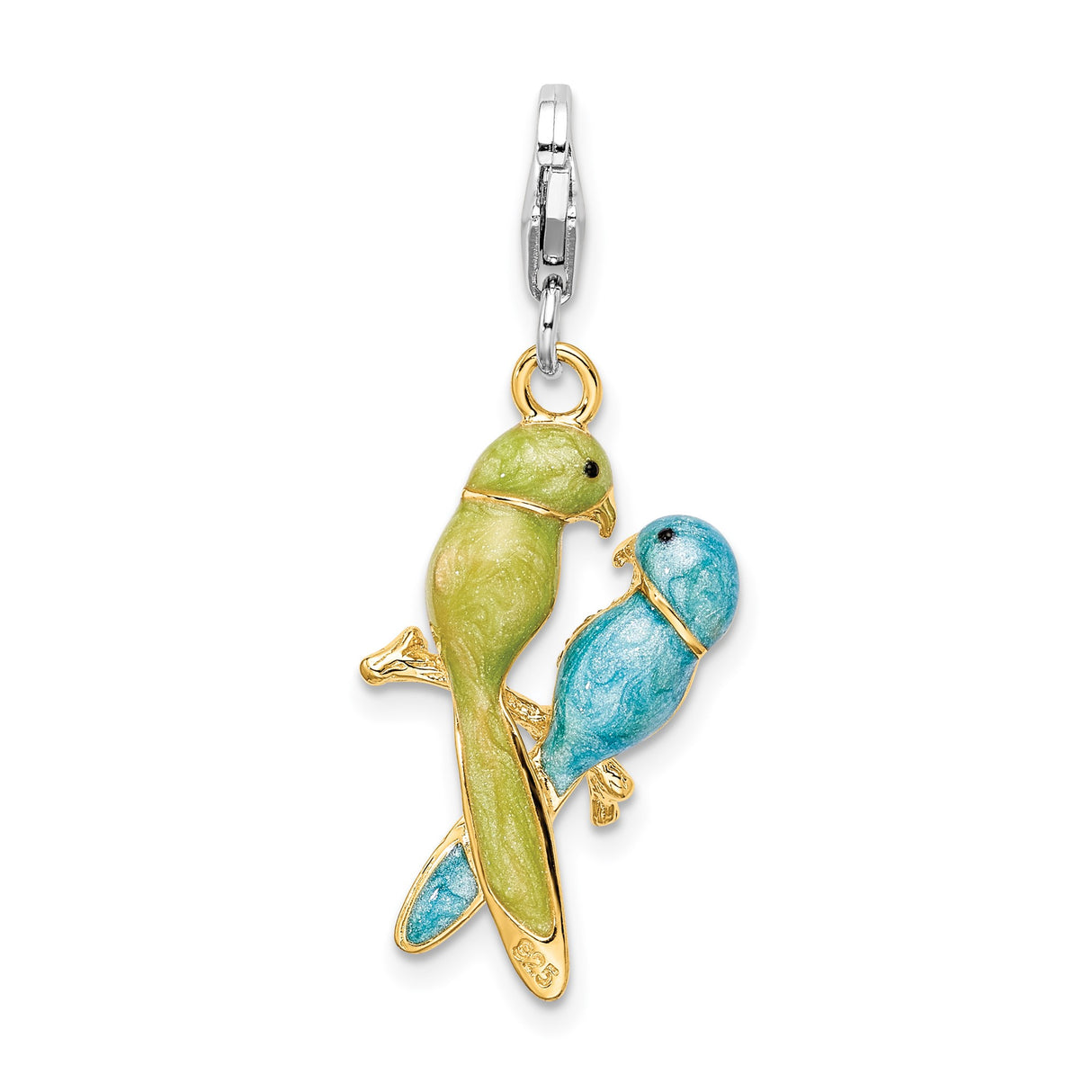 Sterling Silver Parrot Pendant with Crystal Accents, Gold Plated Lovebird Design