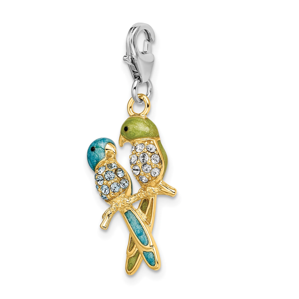 Sterling Silver Parrot Pendant with Crystal Accents, Gold Plated Lovebird Design