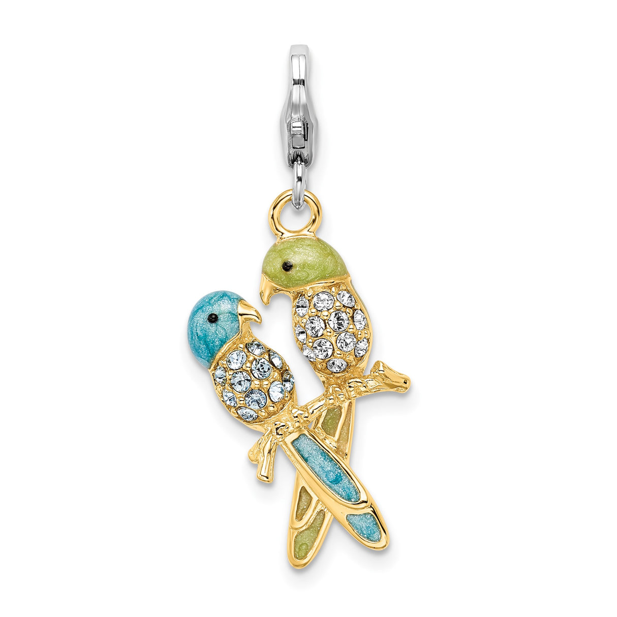 Sterling Silver Parrot Pendant with Crystal Accents, Gold Plated Lovebird Design