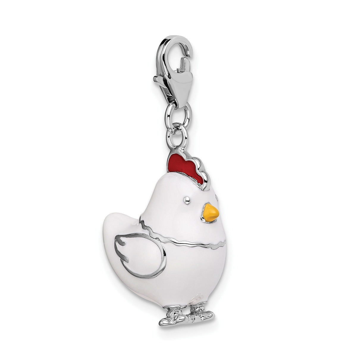 Sterling Silver Enamel Chicken Charm Pendant, White Hen with Red Comb and Yellow Beak