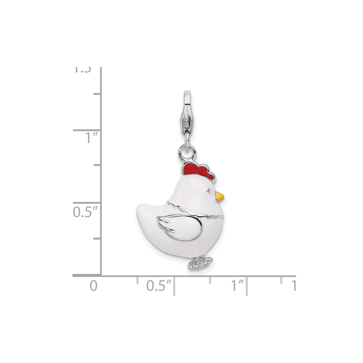 Sterling Silver Enamel Chicken Charm Pendant, White Hen with Red Comb and Yellow Beak
