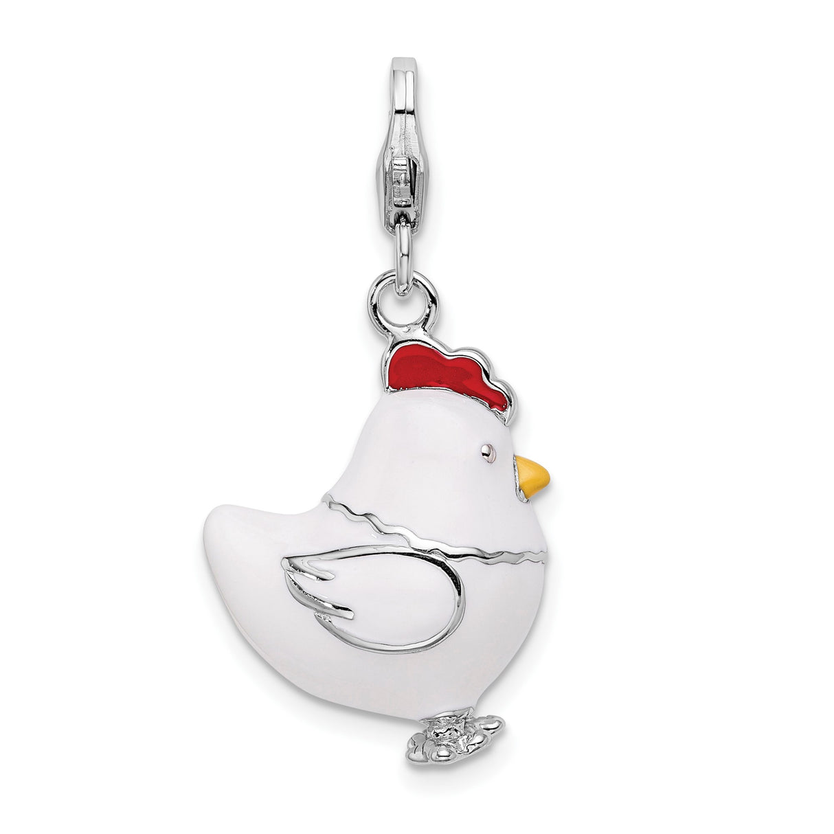 Sterling Silver Enamel Chicken Charm Pendant, White Hen with Red Comb and Yellow Beak