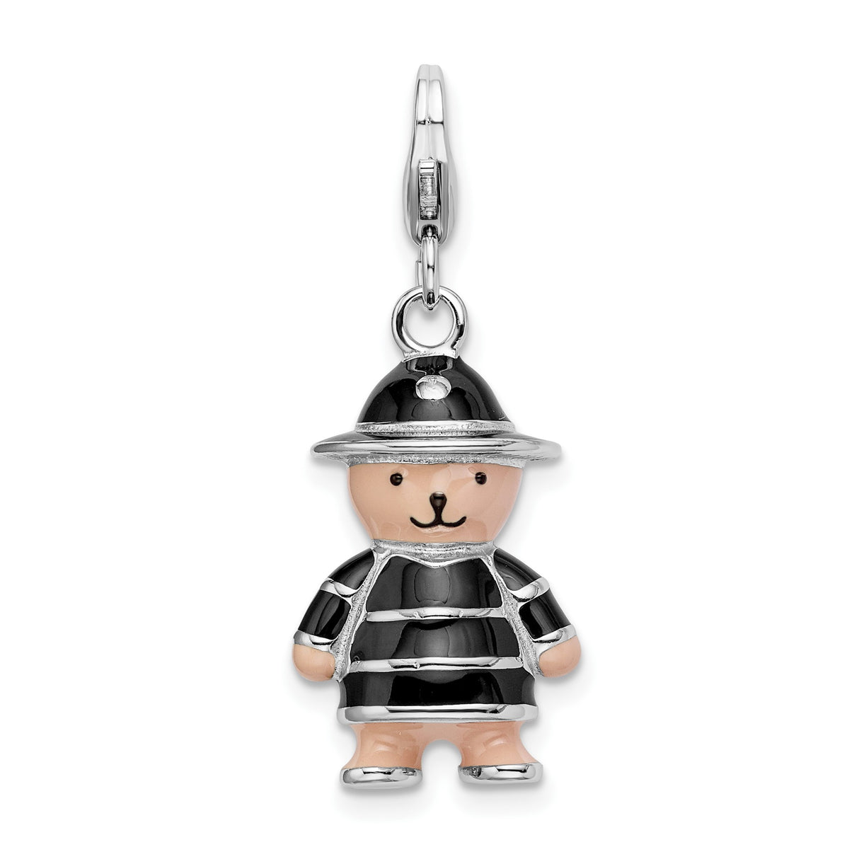 Sterling Silver Bear Charm Pendant with Black Enamel, Royal Guard Design, Lobster Clasp