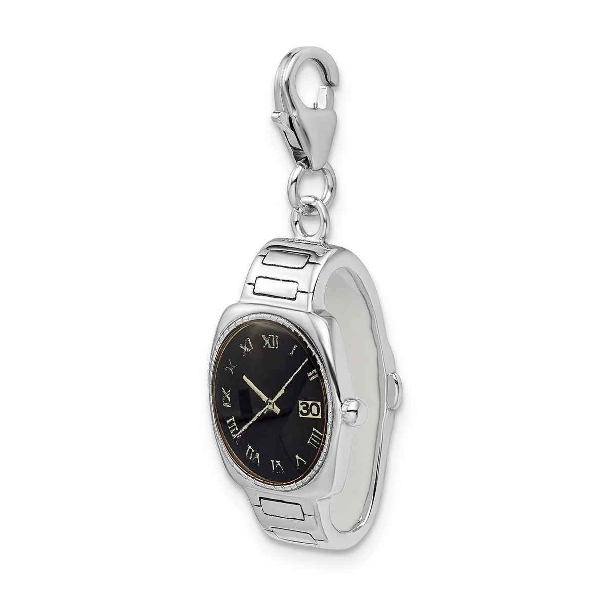 Sterling Silver Watch Charm Pendant with Black Dial and Roman Numerals