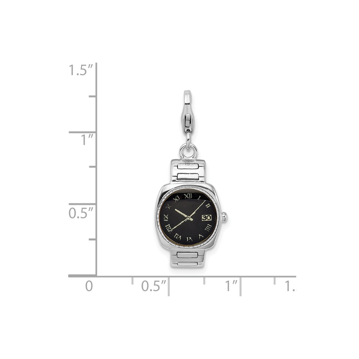Sterling Silver Watch Charm Pendant with Black Dial and Roman Numerals