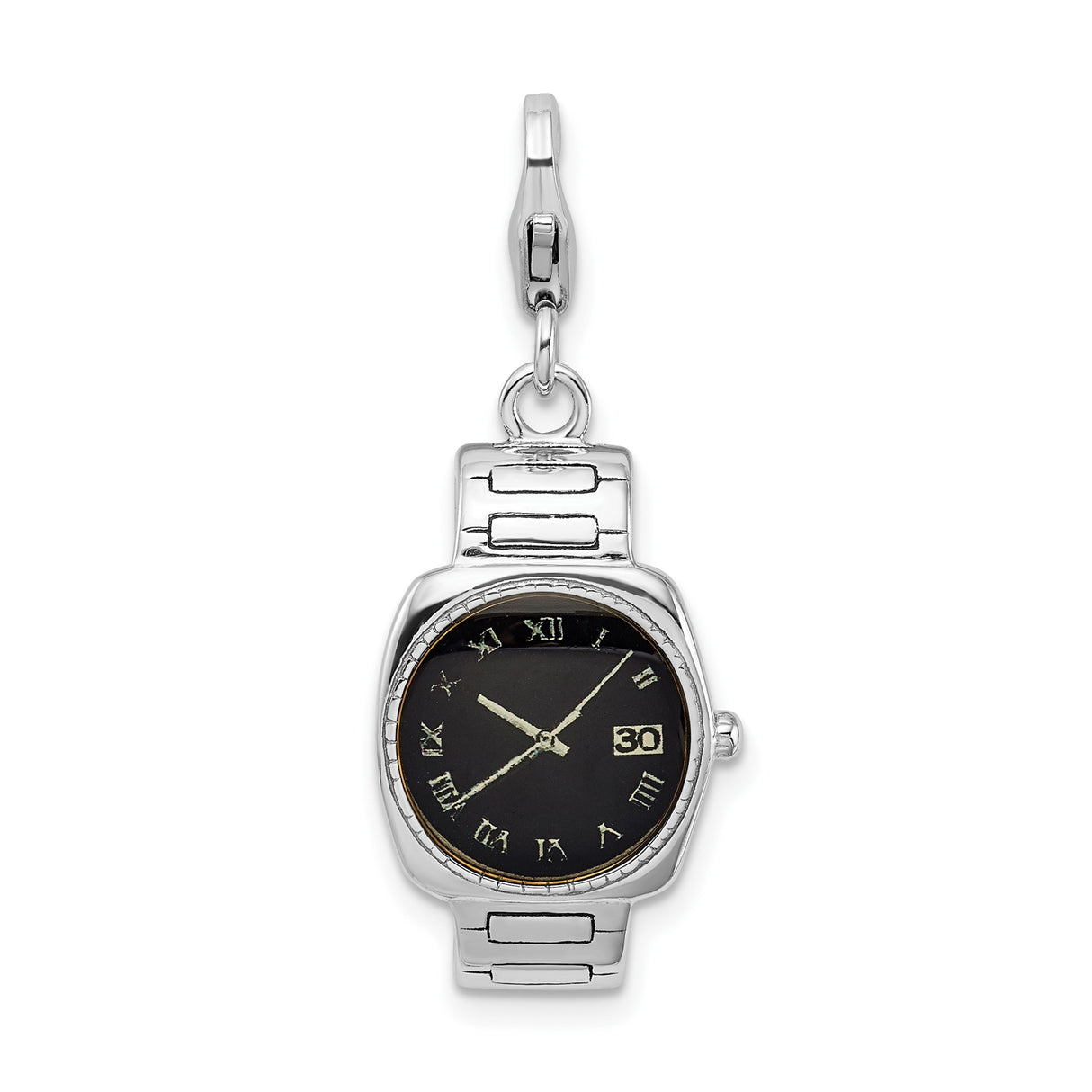 Sterling Silver Watch Charm Pendant with Black Dial and Roman Numerals