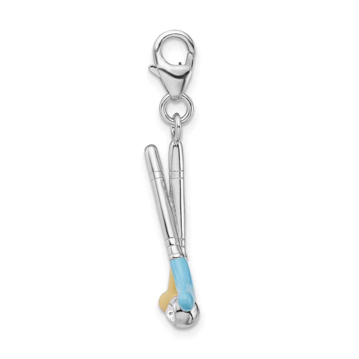 Sterling Silver Hockey Charm with Crossed Sticks and Clear Crystal Puck