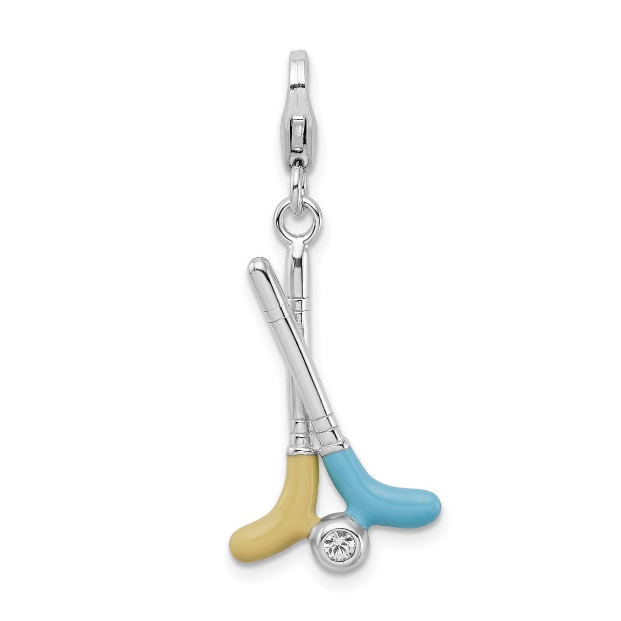 Sterling Silver Hockey Charm with Crossed Sticks and Clear Crystal Puck